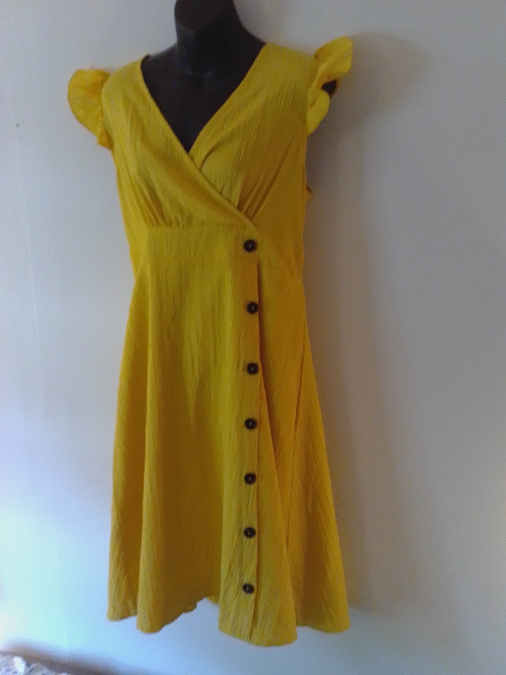 SHEIN Yellow Wrap Midi Dress with Ruffle Cap Sleeves